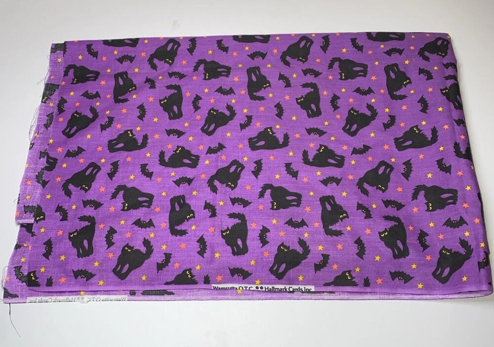 Vtg Wamsutta Hallmark Halloween Black Cat Bat Purple Cotton Fabric 45x37 Cut